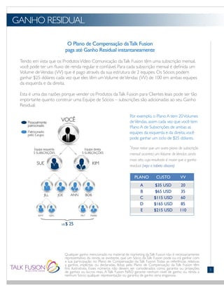 GANHO RESIDUAL
FONTS:
• Gill Sans (Light)
Qualquer ganho mencionado no material de marketing daTalk Fusion não é necessariamente
representativo da renda, se existente, que um Sócio da Talk Fusion pode ou irá ganhar com
a sua participação no Plano de Compensação da Talk Fusion. Todas as referências relativas
a ganhos, implícitas ou declaradas, feitas pelo Plano de Compensação da Talk Fusion têm
fins ilustrativos. Esses números não devem ser considerados como garantia ou projeções
de ganhos ou lucros reais. A Talk Fusion NÃO garante nenhum nível de ganho ou renda a
nenhum Sócio; qualquer representação ou garantia de ganho seria enganosa.
5
Por exemplo, o Plano A tem 20Volumes
deVendas, assim cada vez que você tem
Plano A de Subscrições de ambas as
equipes da esquerda e da direita, você
pode ganhar um ciclo de $25 dólares.
*
Favor notar que um outro plano de subscrição
mensal acarreta um Volume de Vendas ainda
mais alto, cujo resultado é maior que o ganho
residual. (veja a tabela abaixo)
O Plano de Compensação daTalk Fusion
paga até Ganho Residual instantaneamente
Tendo em vista que os ProdutosVídeo Comunicação daTalk Fusion têm uma subscrição mensal,
você pode ter um fluxo de renda regular e confiável. Para cada subscrição mensal é definida um
Volume deVendas (VV) que é pago através da sua estrutura de 2 equipes. Os Sócios podem
ganhar $25 dólares cada vez que eles têm umVolume deVendas (VV) de 100 em ambas equipes
da esquerda e da direita.
Esta é uma das razões porque vender os Produtos daTalk Fusion para Clientes leais pode ser tão
importante quanto construir uma Equipe de Sócios – subscrições são adicionadas ao seu Ganho
Residual.
	PLANO	 CUSTO	 VV
		 A	 $35 USD	 20
	 B	 $65 USD	 35
	 C	 $115 USD	 60
	 D	 $165 USD	 85
	 E	 $215 USD	 110
 