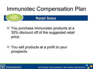 Immunotec Compensation Plan You purchase Immunotec products at a 30% discount off of the suggested retail price. You sell products at a profit to your prospects. Retail Sales 