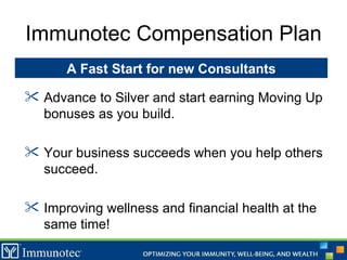 Immunotec Compensation Plan Advance to Silver and start earning Moving Up bonuses as you build. Your business succeeds when you help others succeed. Improving wellness and financial health at the same time! A Fast Start for new Consultants 