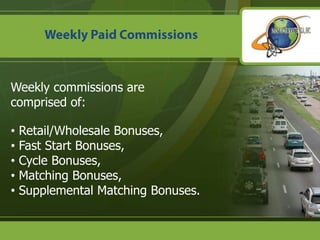 Weekly Paid CommissionsWeekly commissions are comprised of: Retail/Wholesale Bonuses, 