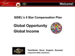 Welcome! TeamSizzle:  Serve.  Support.  Succeed. Independent SISEL Distributors SISEL’s 5 Star Compensation Plan Global Opportunity Global Income 
