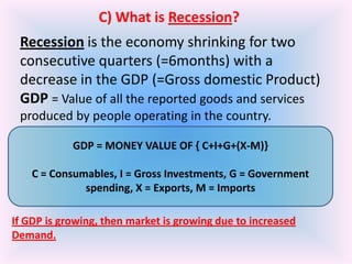 C) What is Recession?
Recession is the economy shrinking for two
consecutive quarters (=6months) with a
decrease in the GDP (=Gross domestic Product)
GDP = Value of all the reported goods and services
produced by people operating in the country.
GDP = MONEY VALUE OF { C+I+G+(X-M)}
C = Consumables, I = Gross Investments, G = Government
spending, X = Exports, M = Imports
If GDP is growing, then market is growing due to increased
Demand.

 