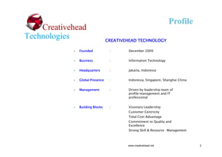Creativehead
Technologies

CREATIVEHEAD TECHNOLOGY

Founded

:

December 2009

Business

:

Information Technology

Headqu...