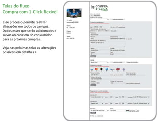 Telas do fluxo
Compra com 1-Click flexível

Esse processo permite realizar
alterações em todos os campos.
Dados esses que serão adicionados e
salvos ao cadastro do consumidor
para as próximas compras.

Veja nas próximas telas as alterações
possíveis em detalhes >
 