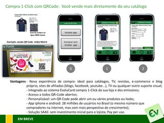 Compra 1-Click com QRCode: Você vende mais diretamente do seu catálogo




                   Scan & compre ou     Instalar app
                   ligue 0800 xxxxxx
                                       Comprar sem
Exemplo: venda QR Code mídia Metrô     Comprarapp
                                        instalar sem
                                        instalar app




                                            0                       1                        2


  Vantagens - Nova experiência de compra: ideal para catálogos, TV, revistas, e-commerce e blog
            próprio, sites de afiliados (blogs, facebook, youtube...), TV ou qualquer outro suporte visual;
            - Integrado ao sistema EvoluCard compra 1-Click da sua loja e dos emissores;
            - Acesso a todos QR-Code abertos;
            - Personalizável: um QR-Code pode abrir um ou vários produtos ou looks;
            - App iphone e android: 28 milhões de usuários no Brasil (o mesmo número que
            compradores na internet, mas com mais perspectiva de crescimento);
            - Solução SAAS: sem investimento inicial para o lojista; Pay per use.
         EM BREVE
 