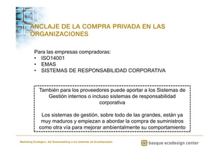 ANCLAJE DE LA COMPRA PRIVADA EN LAS 
ORGANIZACIONES 
Para las empresas compradoras: 
• ISO14001 
• EMAS 
• SISTEMAS DE RESPONSABILIDAD CORPORATIVA 
También para los proveedores puede aportar a los Sistemas de 
Gestión internos o incluso sistemas de responsabilidad 
corporativa 
Los sistemas de gestión, sobre todo de las grandes, están ya 
muy maduros y empiezan a abordar la compra de suministros 
como otra vía para mejorar ambientalmente su comportamiento 
Marketing Ecológico, del Greenwashing a los sistemas de Ecoetiquetado 
 