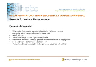 OTROS MOMENTOS A TENER EN CUENTA LA VARIABLE AMBIENTAL 
Momento 2: contratación del servicio 
• Etiquetado de envases: correcto etiquetado, indicando nombre 
comercial, pictogramas e instrucciones de uso 
• Dosificadores 
• Sustitución de productos: aprobación previa 
• Gestión de residuos: correcta gestión, mantenimiento de la segregación. 
• Formación: plan de formación del personal 
• Comunicación: comunicación de las personas usuarias del edificio 
www.ihobe.net 
Ejecución del contrato: 
Apoyo a la cadena de suministro: Programa de Formación 
2014 
 
