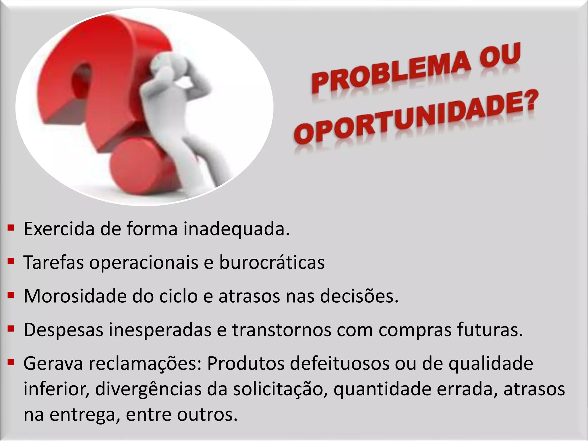  Exercida de forma inadequada.
 Tarefas operacionais e burocráticas
 Morosidade do ciclo e atrasos nas decisões.
 Despesas inesperadas e transtornos com compras futuras.
 Gerava reclamações: Produtos defeituosos ou de qualidade
inferior, divergências da solicitação, quantidade errada, atrasos
na entrega, entre outros.
 