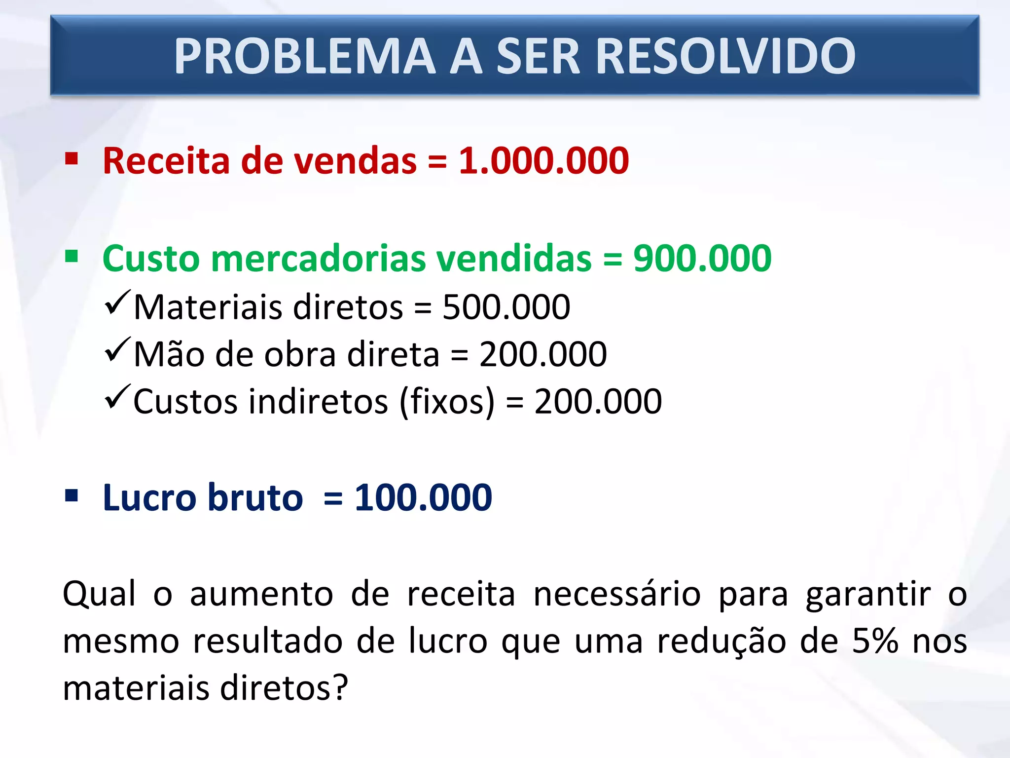 PROBLEMA A SER RESOLVIDO
 Receita de vendas = 1.000.000
 Custo mercadorias vendidas = 900.000
Materiais diretos = 500.000
Mão de obra direta = 200.000
Custos indiretos (fixos) = 200.000
 Lucro bruto = 100.000
Qual o aumento de receita necessário para garantir o
mesmo resultado de lucro que uma redução de 5% nos
materiais diretos?
 
