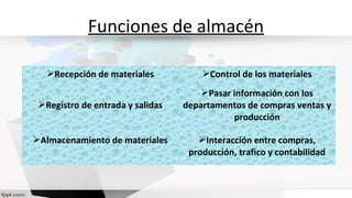 Funciones de almacén
Recepción de materiales Control de los materiales
Registro de entrada y salidas
Pasar información con los
departamentos de compras ventas y
producción
Almacenamiento de materiales Interacción entre compras,
producción, trafico y contabilidad
 
