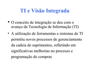 TI e Visão Integrada
 O conceito de integração se deu com o
avanço da Tecnologia de Informação (TI)
• A utilização de ferramentas e sistemas de TI
permitiu novos processos de gerenciamento
da cadeia de suprimentos, refletindo em
significativas melhorias no processo e
programação de compras
 