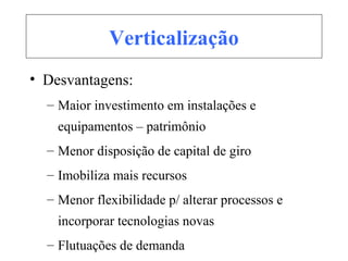 Verticalização
• Desvantagens:
– Maior investimento em instalações e
equipamentos – patrimônio
– Menor disposição de capital de giro
– Imobiliza mais recursos
– Menor flexibilidade p/ alterar processos e
incorporar tecnologias novas
– Flutuações de demanda
 