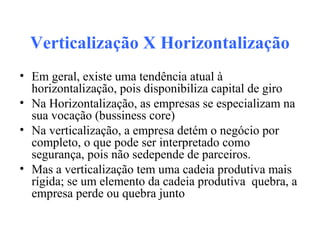 Verticalização X Horizontalização
• Em geral, existe uma tendência atual à
horizontalização, pois disponibiliza capital de giro
• Na Horizontalização, as empresas se especializam na
sua vocação (bussiness core)
• Na verticalização, a empresa detém o negócio por
completo, o que pode ser interpretado como
segurança, pois não sedepende de parceiros.
• Mas a verticalização tem uma cadeia produtiva mais
rígida; se um elemento da cadeia produtiva quebra, a
empresa perde ou quebra junto
 