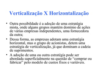 Verticalização X Horizontalização
• Outra possibildade é a adoção de uma estratégia
mista, onde alguns grupos mantém domínio de ações
de várias empresas independentes, uma fornecedora
da outra;
• Dessa forma, as empresas adotam uma estratégia
horizontal, mas o grupo de acionistas, detem uma
estratégia de verticalização, já que dominam a cadeia
de suprimentos.
• A adoção de uma ou outra estratégia pode ser
abordada superficialmente na questão de “comprar ou
fabricar” pelo modelo de custos fixos e variáveis.
 