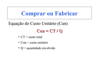 Comprar ou Fabricar
Equação do Custo Unitário (Cun)
Cun = CT / QCun = CT / Q
• CT = custo total
• Cun = custo unitário
• Q = quantidade envolvida
 
