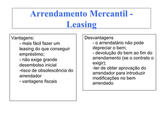Desvantagens
- o arrendatário não pode
depreciar o bem;
- devolução do bem ao fim do
arrendamento (se o contrato o
exigir);
-ter de obter aprovação do
arrendador para introduzir
modificações no bem
arrendado
Vantagens:
- mais fácil fazer um
leasing do que conseguir
empréstimo;
- não exige grande
desembolso inicial
-risco de obsolescência do
arrendador
- vantagens fiscais
Arrendamento Mercantil -
Leasing
 