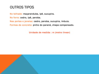 OUTROS TIPOS
No telhado: maçaranduba, ipê, sucupira.
No forro: cedro, ipê, peroba.
Nas portas e janelas: cedro, peroba, sucupira, imbuia.
Formas de concreto: pinho do paraná, chapa compensado.
Unidade de medida : m (metro linear)
 