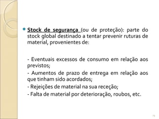 Stock de segurança (ou de proteção): parte do
stock global destinado a tentar prevenir ruturas de
material, provenientes de:
- Eventuais excessos de consumo em relação aos
previstos;
- Aumentos de prazo de entrega em relação aos
que tinham sido acordados;
- Rejeições de material na sua receção;
- Falta de material por deterioração, roubos, etc.
79
 