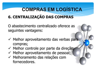 COMPRAS EM LOGÍSTICA
6. CENTRALIZAÇÃO DAS COMPRAS

O abastecimento centralizado oferece as
seguintes vantagens:

 Melhor aproveitamento das verbas para
  compras;
 Melhor controle por parte da direção;
 Melhor aproveitamento de pessoal;
 Melhoramento das relações com
  fornecedores.
 
