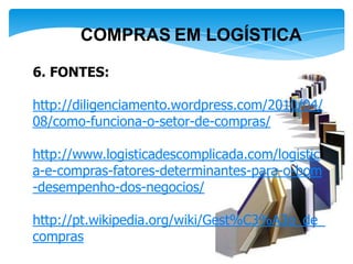 COMPRAS EM LOGÍSTICA

6. FONTES:

http://diligenciamento.wordpress.com/2010/04/
08/como-funciona-o-setor-de-compras/

http://www.logisticadescomplicada.com/logistic
a-e-compras-fatores-determinantes-para-o-bom
-desempenho-dos-negocios/

http://pt.wikipedia.org/wiki/Gest%C3%A3o_de_
compras
 