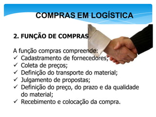 COMPRAS EM LOGÍSTICA

2. FUNÇÃO DE COMPRAS

A função compras compreende:
 Cadastramento de fornecedores;
 Coleta de preços;
 Definição do transporte do material;
 Julgamento de propostas;
 Definição do preço, do prazo e da qualidade
   do material;
 Recebimento e colocação da compra.
 