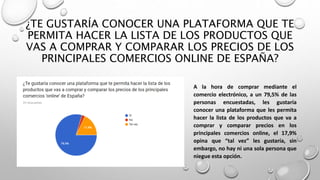¿TE GUSTARÍA CONOCER UNA PLATAFORMA QUE TE
PERMITA HACER LA LISTA DE LOS PRODUCTOS QUE
VAS A COMPRAR Y COMPARAR LOS PRECIOS DE LOS
PRINCIPALES COMERCIOS ONLINE DE ESPAÑA?
A la hora de comprar mediante el
comercio electrónico, a un 79,5% de las
personas encuestadas, les gustaría
conocer una plataforma que les permita
hacer la lista de los productos que va a
comprar y comparar precios en los
principales comercios online, el 17,9%
opina que “tal vez” les gustaría, sin
embargo, no hay ni una sola persona que
niegue esta opción.
 