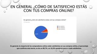 EN GENERAL ¿CÓMO DE SATISFECHO ESTÁS
CON TUS COMPRAS ONLINE?
En general, la mayoría de los compradores online están satisfechos en sus compras online, el porcentaje
que confirma esta teoría, es de un 89,7%, un 10,3% quedaron poco o nada satisfechos.
 