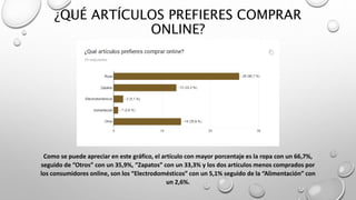¿QUÉ ARTÍCULOS PREFIERES COMPRAR
ONLINE?
Como se puede apreciar en este gráfico, el artículo con mayor porcentaje es la ropa con un 66,7%,
seguido de “Otros” con un 35,9%, “Zapatos” con un 33,3% y los dos artículos menos comprados por
los consumidores online, son los “Electrodomésticos” con un 5,1% seguido de la “Alimentación” con
un 2,6%.
 
