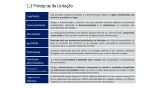 Aula
13
Este princípio vincula os licitantes e a Administração Pública às regras estabelecidas nas
normas e princípios em vigor.
Legalidade
Obriga a Administração a observar nas suas decisões critérios objetivos previamente
estabelecidos, afastando a discricionariedade e o subjetivismo na condução dos
procedimentos da licitação.
Impessoalidade
As condutas dos licitantes e dos agentes públicos têm de ser, além de lícitas, compatíveis
com a moral, a ética, os bons costumes e as regras da boa administração.
Moralidade
Qualquer interessado deve ter acesso às licitações públicas e seu controle, mediante
divulgação dos atos praticados pelos administradores em todas as fases da licitação.
Publicidade
Obriga a Administração e o licitante a observarem as normas e condições estabelecidas
no instrumento convocatório (edital ou carta convite). Nada poderá ser criado ou feito
sem que haja previsão no instrumento convocatório.
Vinculação ao
instrumento convocatório
O administrador deve observar critérios objetivos definidos no instrumento convocatório
para o julgamento das propostas. Afasta a possibilidade de o julgador utilizar-se de fatores
subjetivos ou de critérios não previstos no instrumento convocatório
Julgamento
objetivo
Restringe atos que estabeleçam preferências ou distinções em razão da naturalidade, da
sede ou domicílio dos licitantes ou de qualquer outra circunstância impertinente ou
irrelevante para o específico objeto do contrato.
Igualdade
É o dever de honestidade e fidelidade com o Estado, com a população, no desempenho
de suas funções.
Probidade
administrativa
1.1 Princípios da Licitação
 