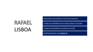 Aula
13
LISBOA
4 ANOS DE EXPERIÊNCIA EM CONSULTORIA DE GESTÃO
GRADUADO EM GESTÃO DE POLÍTICAS PÚBLICAS
2 ANOS NO GOVERNO DO ESTADO DE GOIÁS
GESTOR REGIONAL DO ACESSA SP
 
