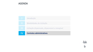Aula
16
1. AGENDA
I Introdução
II Modalidades de Licitação
III Licitação dispensada, dispensável e inexigível
IV Contratos administrativos
 