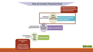 Ruta de Inclusión Productiva Rural
Antes del Brasil sin
Miseria
Familias en pobreza
extrema con producción
insuficiente y en situación
de inseguridad alimentaria
Escasez hídrica y
falta de luz
Infraestructura
Baja Productividad y
Inseguridad Alimentaria
Agua y
Luz
para
Todos
Apoyo a la producción
Dificultad de
acceso al mercado Ampliación de los canales
de comercialización
PAA y
Compras
Institucionales
◄ Mejora del ingreso familiar
◄ Incremento de la producción
◄ Seguridad alimentaria
Ater,
Fomento y
Insumos
 