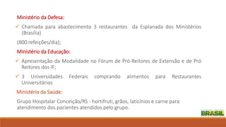 Ministério da Defesa:
 Chamada para abastecimento 3 restaurantes da Esplanada dos Ministérios
(Brasília)
(800 refeições/dia);
Ministério da Educação:
 Apresentação da Modalidade no Fórum de Pró-Reitores de Extensão e de Pró
Reitores dos IF;
 3 Universidades Federais comprando alimentos para Restaurantes
Universitários
Ministério da Saúde:
Grupo Hospitalar Conceição/RS - hortifruti, grãos, laticínios e carne para
atendimento dos pacientes atendidos pelo grupo.
 