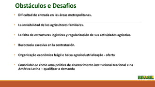 Obstáculos e Desafios
• Dificultad de entrada en las áreas metropolitanas.
• La invisibilidad de los agricultores familiares.
• La falta de estructuras logísticas y regularización de sus actividades agrícolas.
• Burocracia excesiva en la contratación.
• Organização econômica frágil e baixa agroindustrialização - oferta
• Consolidar-se como uma política de abastecimento institucional Nacional e na
América Latina – qualificar a demanda
 