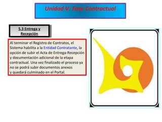 5.3 Entrega y Recepción Al terminar el Registro de Contratos, el Sistema habilita a la  Entidad Contratante , la opción de subir el Acta de Entrega-Recepción y documentación adicional de la etapa contractual. Una vez finalizado el proceso ya no se podrá subir documentos anexos y quedará culminado en el Portal. Unidad V: Fase Contractual 