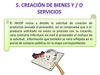 El INCOP revisa a detalle la solicitud de creación de productos enviada al proveedor, así se comprueba que si el  producto solicitado no existe se proceda con su creación, caso contrario informará vía mail al proveedor el rechazo de la solicitud , información que también se verá reflejada en el portal de compras públicas en la etapa correspondiente 