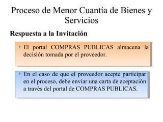 Proceso de Menor Cuantía de Bienes y Servicios Respuesta a la Invitación En el caso de que el proveedor acepte participar en el proceso, debe enviar una carta de aceptación a través del portal de COMPRAS PUBLICAS. El portal COMPRAS PUBLICAS almacena la decisión tomada por el proveedor. 