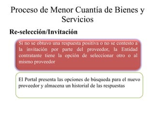 Proceso de Menor Cuantía de Bienes y Servicios Re-selección/Invitación El Portal presenta las opciones de búsqueda para el nuevo proveedor y almacena un historial de las respuestas Si no se obtuvo una respuesta positiva o no se contesto a la invitación por parte del proveedor, la Entidad contratante tiene la opción de seleccionar otro o al mismo proveedor 