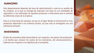 ALMACENES
Este departamento depende del área de administración y solo es un auxiliar de
las compras, es la que se encarga de requisitar con base en sus cantidades de
seguridad o a las solicitudes de aquellos productos o refacciones que le solicitan
las diferentes áreas de la empresa.
Esta es el área base de compras, ya que es el lugar donde se almacenará el o los
productos adquiridos o las materias primas, las que solo se entregarán con una
solicitud al almacén.
INVENTARIOS
El plan de inventario debe desarrollarse con respecto a los planes de producción
y se tendrá que conocer los costos de los inventarios, del almacenamiento y
valorarlo con respecto a los objetivos de la compañía.
 
