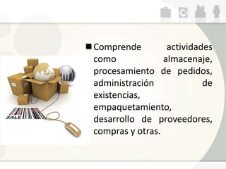 Comprende actividades
como almacenaje,
procesamiento de pedidos,
administración de
existencias,
empaquetamiento,
desarrollo de proveedores,
compras y otras.
 