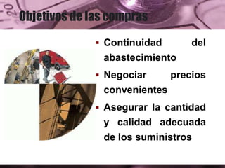 Objetivos de las compras
 Continuidad del
abastecimiento
 Negociar precios
convenientes
 Asegurar la cantidad
y calidad adecuada
de los suministros
 