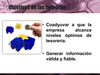 Objetivos de las compras
• Coadyuvar a que la
empresa alcance
niveles óptimos de
tesorería.
• Generar información
válida y fiable.
 
