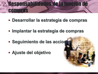 Responsabilidades de la función de
compras
 Desarrollar la estrategia de compras
 Implantar la estrategia de compras
 Seguimiento de las acciones
 Ajuste del objetivo
 