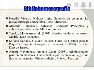 Heredia Viveros, Nohora Ligia. Gerencia de compras: La
nueva estrategia competitiva. Ecoe Ediciones.
Mercado Hernández, Salvador. Compras: Principios y
aplicaciones. 4ª edición, México: Limusa.
Tanaka, Masayasu et al. (1993). Gestión moderna de costes.
Madrid: Díaz de Santos.
Soriano Soriano, Claudio (editor). Guías de Gestión para la
Pequeña Empresa: Compras e inventarios (1995). España:
Díaz de Santos.
Amaru Maximiano, Antonio Cesar (2008). Administración
para emprendedores. Fundamentos para la creación y gestión
de nuevos negocios. Primera edición. México: Pearson.
 