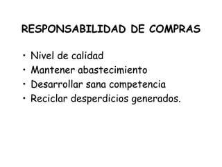 • Nivel de calidad
• Mantener abastecimiento
• Desarrollar sana competencia
• Reciclar desperdicios generados.
RESPONSABILIDAD DE COMPRAS
 