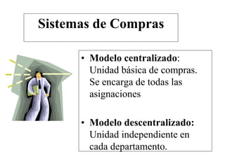 Sistemas de Compras
• Modelo centralizado:
Unidad básica de compras.
Se encarga de todas las
asignaciones
• Modelo descentralizado:
Unidad independiente en
cada departamento.
 