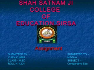 SHAH SATNAM JISHAH SATNAM JI
COLLEGECOLLEGE
OFOF
EDUCATION,SIRSAEDUCATION,SIRSA
AssignmentAssignment
SUBMITTED BY : -
VIJAY KUMAR
CLASS - M.ED
ROLL N. 4204
SUBMITTED TO :-
MEGHA
SUBJECT –
Comparative Edu.
 
