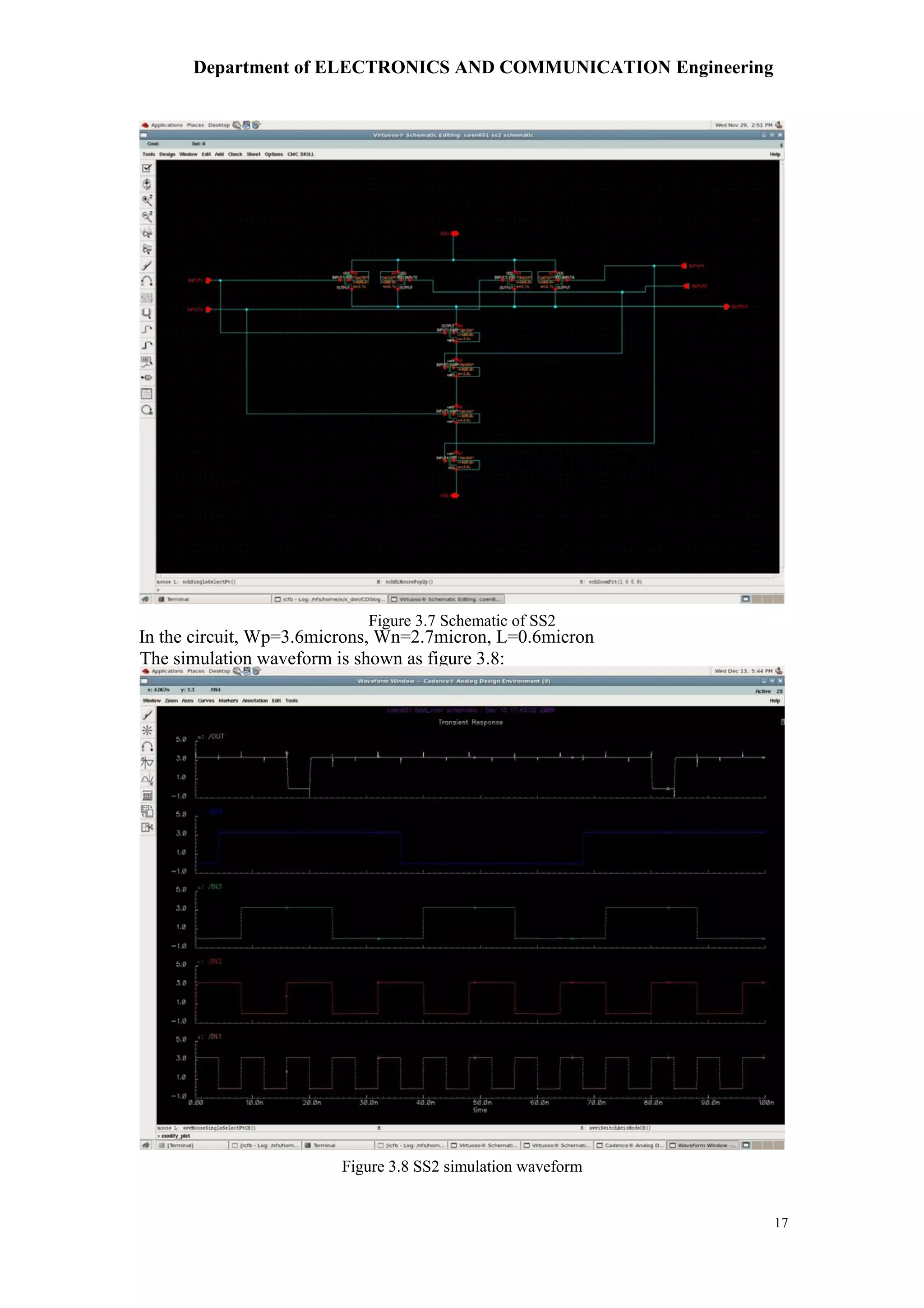 Department of ELECTRONICS AND COMMUNICATION Engineering
17
In the circuit, Wp=3.6microns, Wn=2.7micron, L=0.6micron
Figure 3.7 Schematic of SS2
The simulation waveform is shown as figure 3.8:
Figure 3.8 SS2 simulation waveform
 