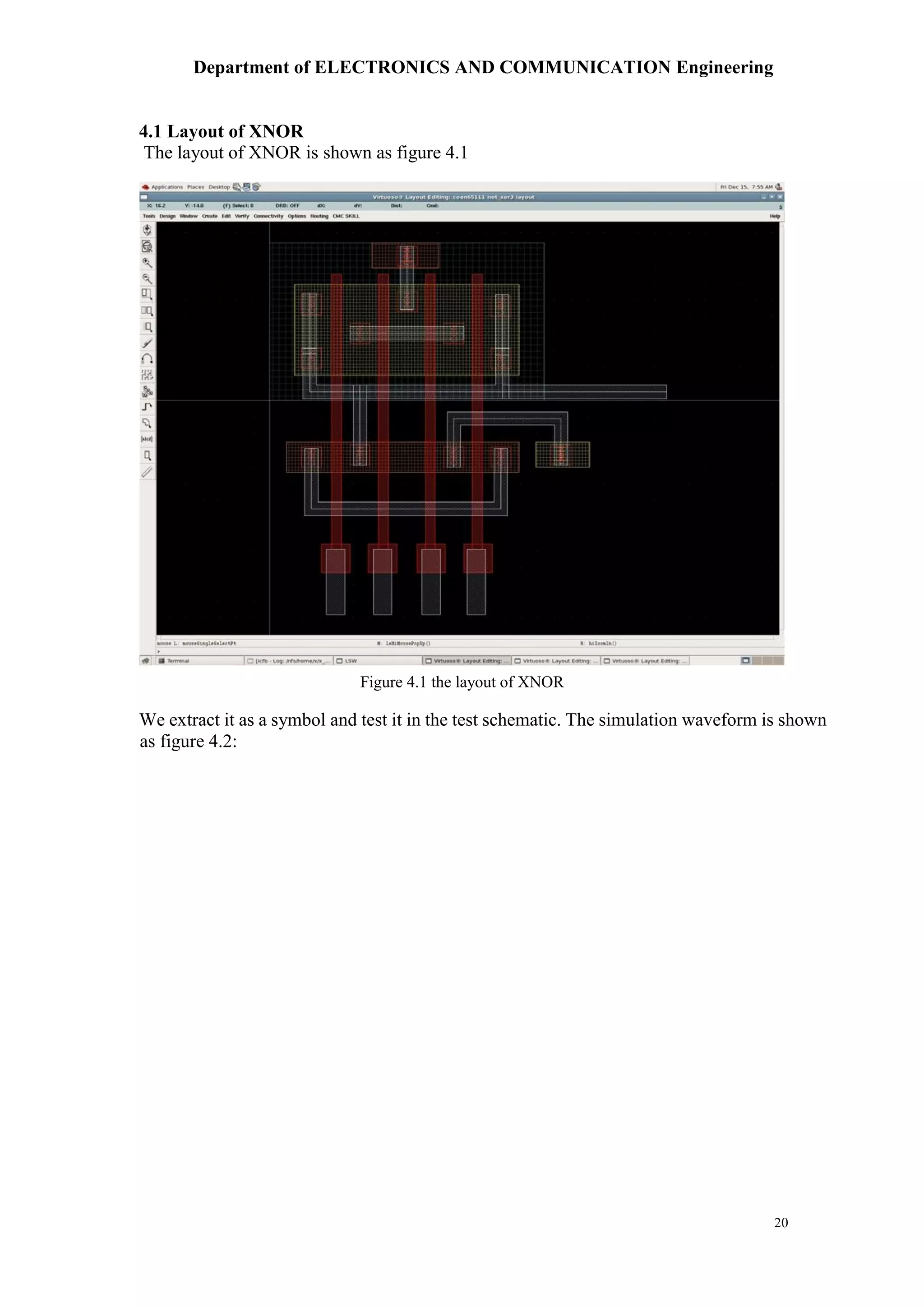 Department of ELECTRONICS AND COMMUNICATION Engineering
20
4.1 Layout of XNOR
The layout of XNOR is shown as figure 4.1
We extract it as a symbol and test it in the test schematic. The simulation waveform is shown
as figure 4.2:
Figure 4.1 the layout of XNOR
 