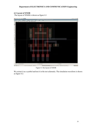 Department of ELECTRONICS AND COMMUNICATION Engineering
20
4.1 Layout of XNOR
The layout of XNOR is shown as figure 4.1
We extract it as a symbol and test it in the test schematic. The simulation waveform is shown
as figure 4.2:
Figure 4.1 the layout of XNOR
 